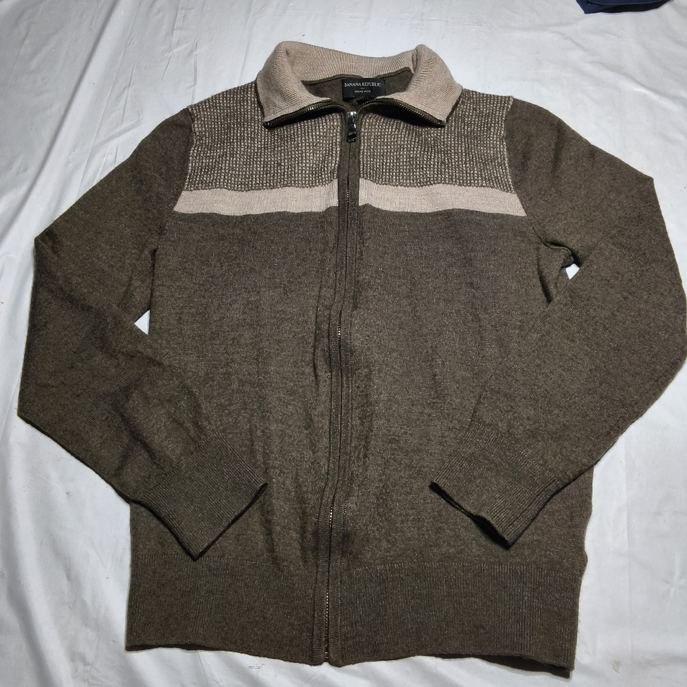 Banana Republic Mens Medium Full Zip Merino Wool/Acrylic Blend Sweater Brown